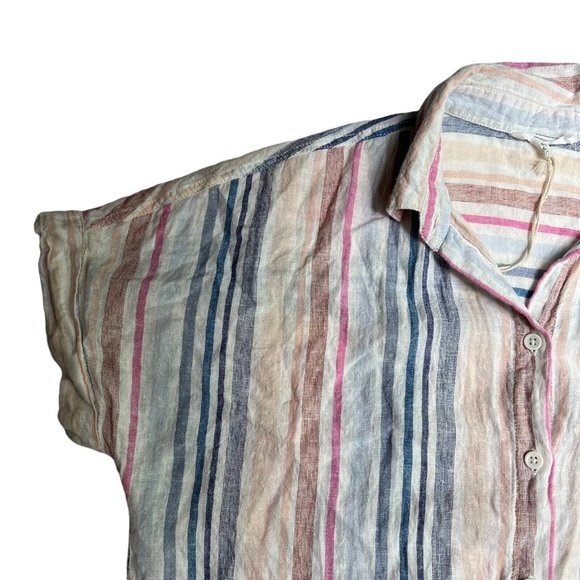 Beach Lunch Lounge Striped Tie Front Linen Button Down Blouse Sz Small - Picture 3 of 9